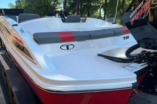 Slide: The Image of 2027 Tahoe T21 boat with red and gray seating, Mercury Pro engine. - 4