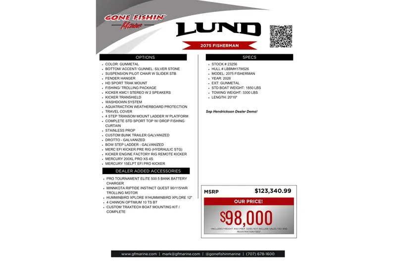 Slide: The Image of Lund 2075 Fisherman 2026 boat features, specs, and pricing details on promotional flyer. - 27