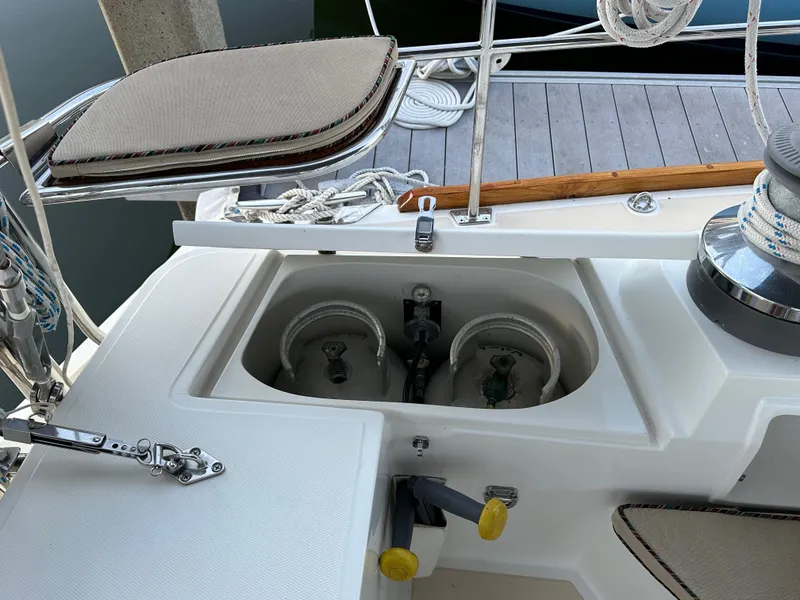 Slide: The Image of Sailboat deck with winches and seating, Outbound 46, 2008 model. - 29