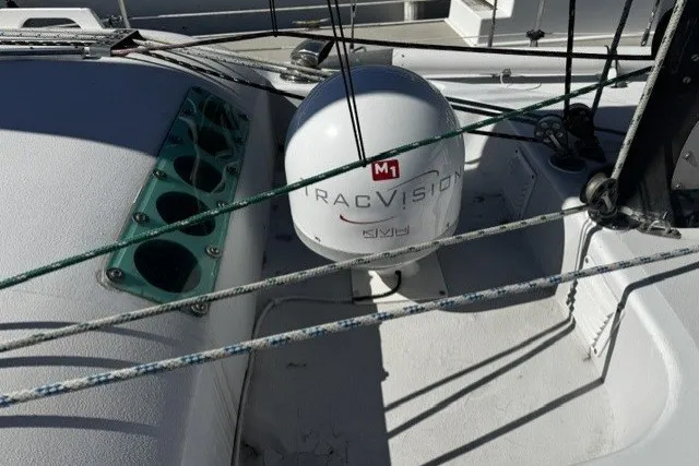 Slide: The Image of Cockpit of 1973 Custom BILL LEE 40 sailboat with TracVision M1 satellite dome. - 3