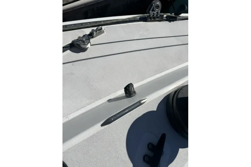 Slide: The Image of Deck of 1973 Custom BILL LEE 40 sailboat with rigging and fittings visible. - 8