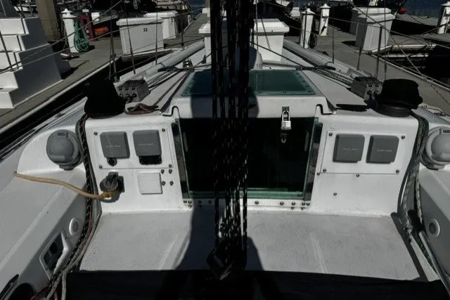 Slide: The Image of Cockpit of 1973 Custom BILL LEE 40 sailboat docked at marina. - 14