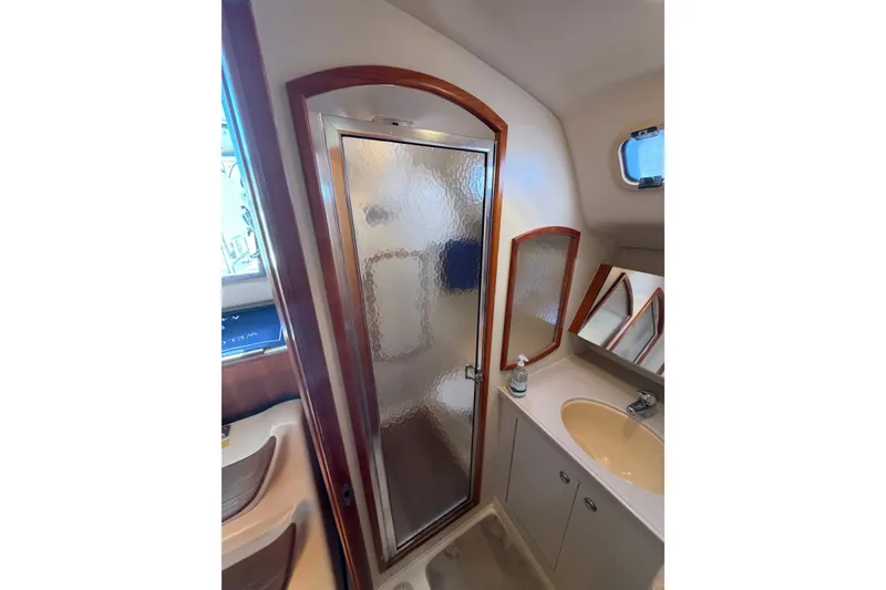 Slide: The Image of Bathroom interior of 2002 Hunter 356 yacht with shower and sink. - 37