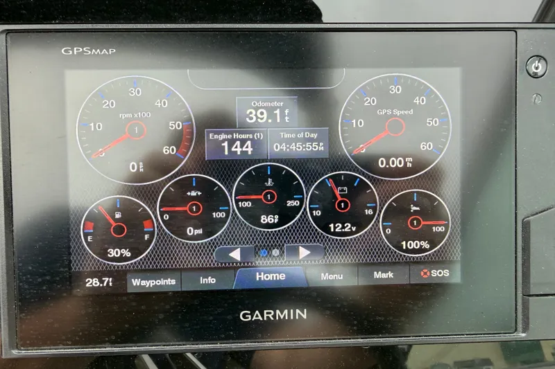 Slide: The Image of Garmin GPS display on 2021 Regal 26 Express showing engine metrics and speed. - 20