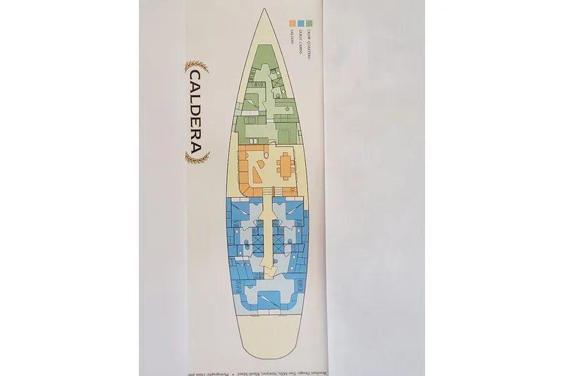 Slide: The Image of Deck layout of 1989 Custom Rob Ladd PH Motorsailer Cutter, labeled "Caldera." - 28