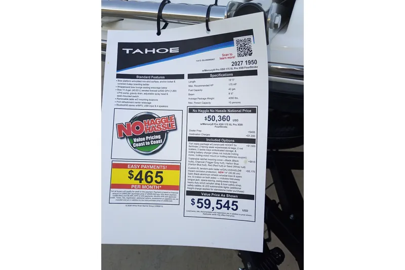 Slide: The Image of 2027 Tahoe 1950 boat price sheet with features, specifications, and payment options. - 5