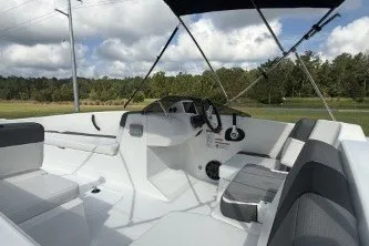 Slide: The Image of 2027 Tahoe T18 boat interior with seating and steering wheel under a canopy. - 3