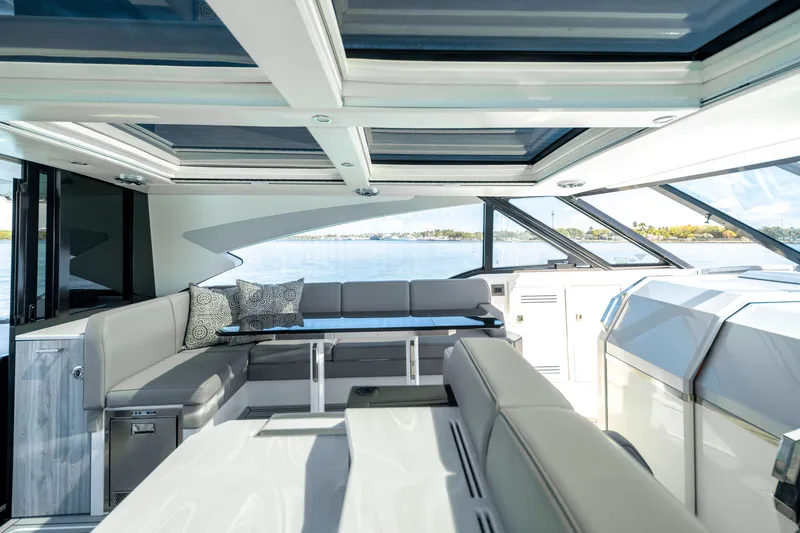 Slide: The Image of Luxurious interior of 2022 Formula 500 Super Sport Crossover yacht with panoramic windows. - 40