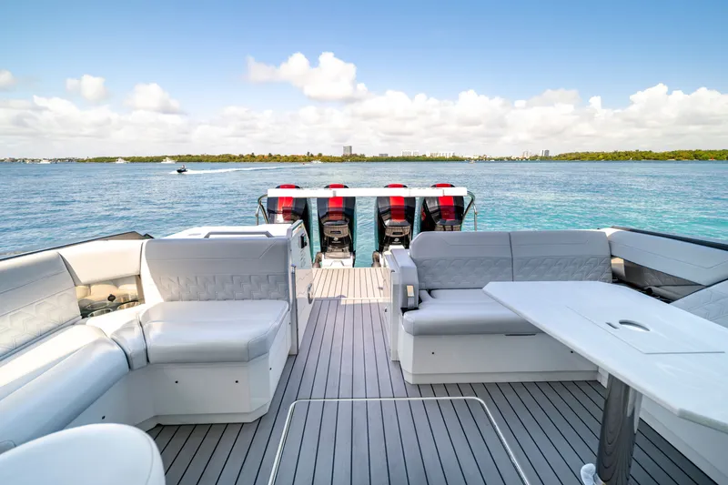 Slide: The Image of Luxurious 2022 Formula 500 Super Sport Crossover yacht interior with scenic ocean view. - 24