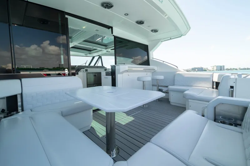 Slide: The Image of Luxurious 2022 Formula 500 Super Sport Crossover yacht interior with sleek seating and modern design. - 44
