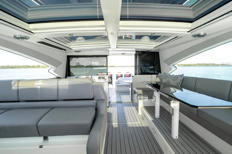 Slide: The Image of Luxurious interior of 2022 Formula 500 Super Sport Crossover yacht with panoramic windows. - 19