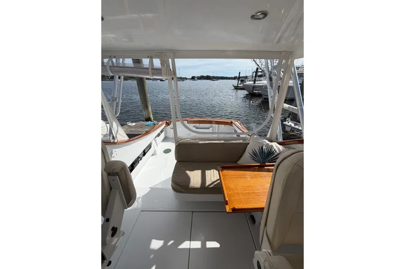 Slide: The Image of Interior view of 2000 Webber's Cove Pemaquid Beach boat, docked by serene waters. - 27