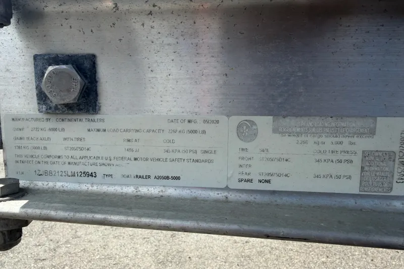 Slide: The Image of Label on Continental Trailers boat trailer, model A2050B-5000, manufactured in 2020. - 65