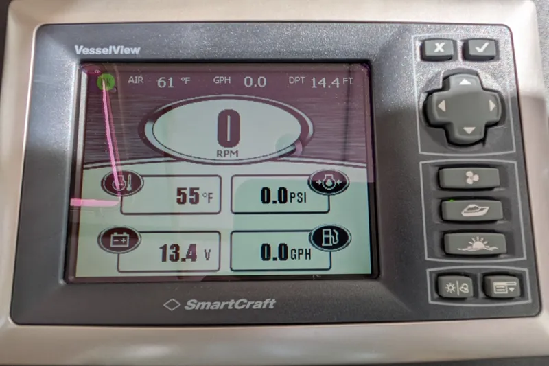 Slide: The Image of SmartCraft VesselView display on 2010 Nordic Tug 32, showing engine metrics and controls. - 32