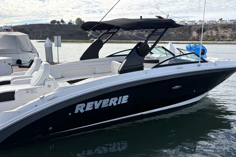 Slide: The Image of 2019 Sea Ray SDX 290 Outboard boat docked, featuring sleek black and white design. - 3