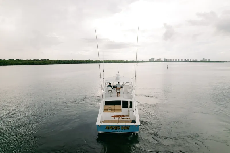 Slide: The Image of 2003 Viking 48 Convertible yacht cruising on calm waters under cloudy skies. - 5
