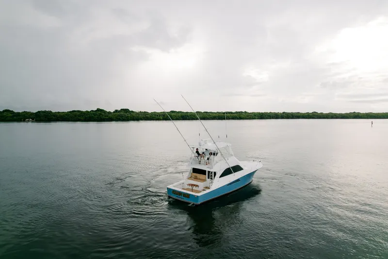 Slide: The Image of 2003 Viking 48 Convertible yacht cruising on calm waters under cloudy skies. - 11