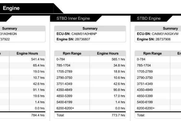 Slide: The Image of Engine hours summary for 2020 Boston Whaler 345 Conquest, detailing RPM ranges and hours. - 29