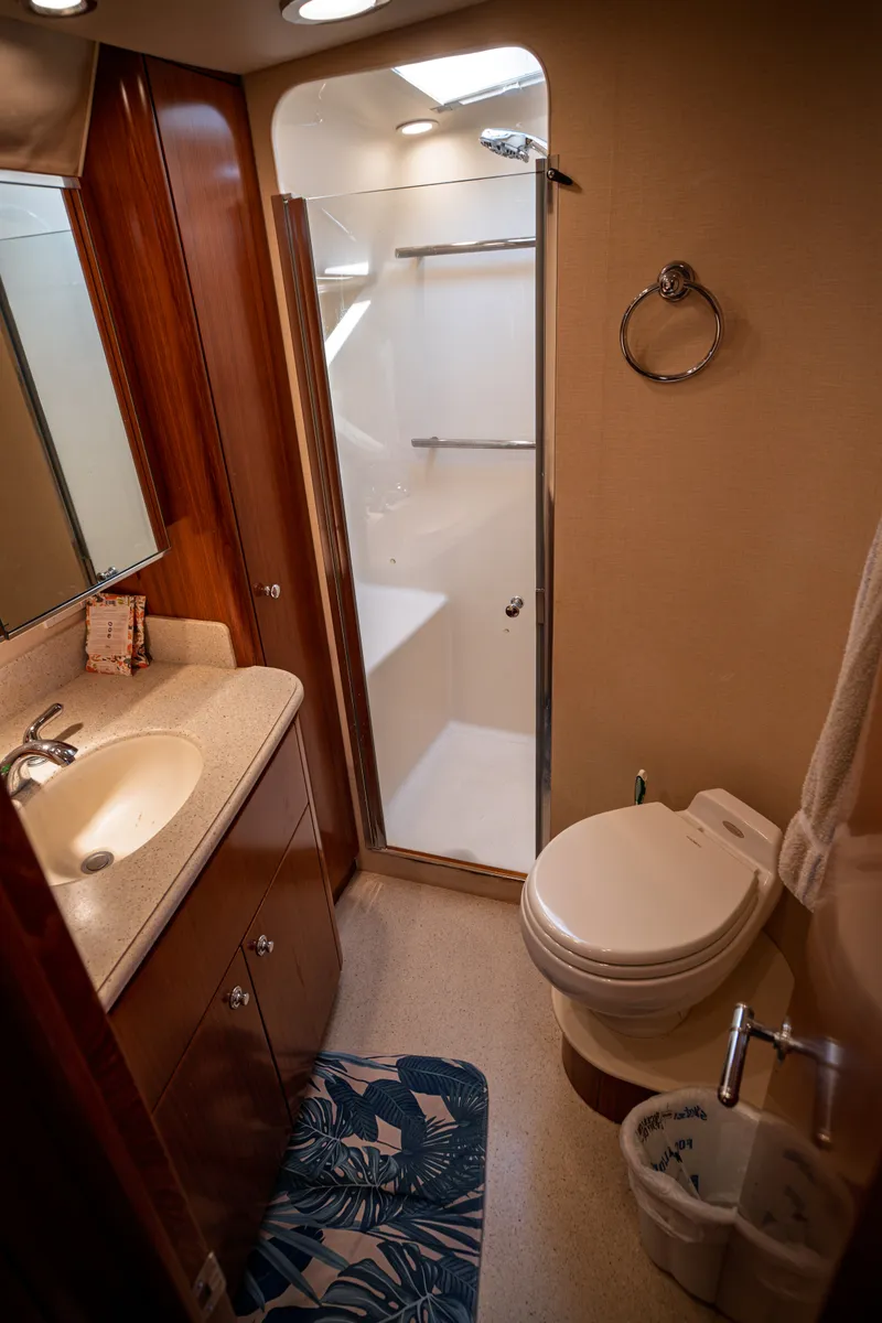 Slide: The Image of The 2006 Tiara Yachts 4400 Sovran bathroom features a shower, sink, and toilet. - 39
