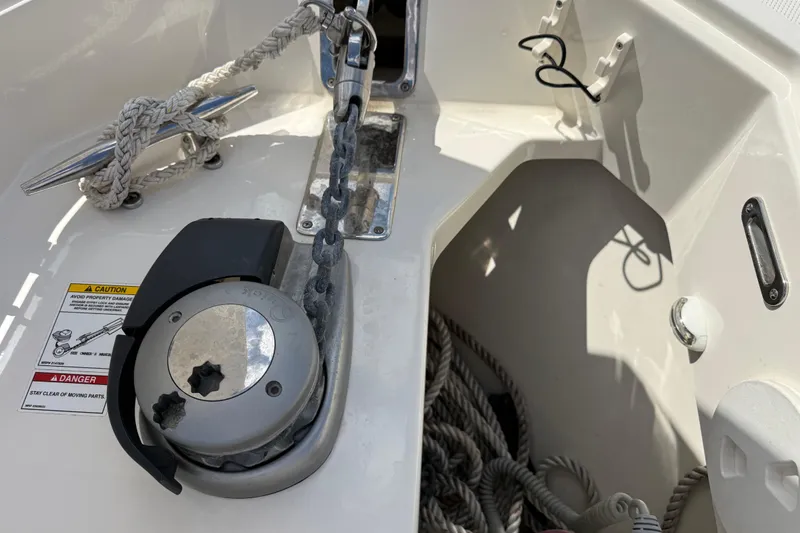 Slide: The Image of 2017 Boston Whaler 420 Outrage anchor system with chain and rope details. - 36