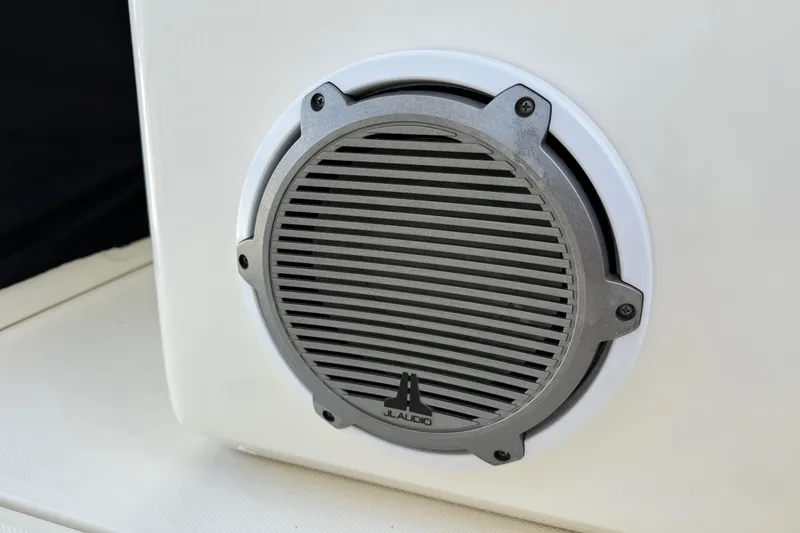 Slide: The Image of Speaker on 2017 Boston Whaler 420 Outrage boat, featuring JL Audio grille design. - 29