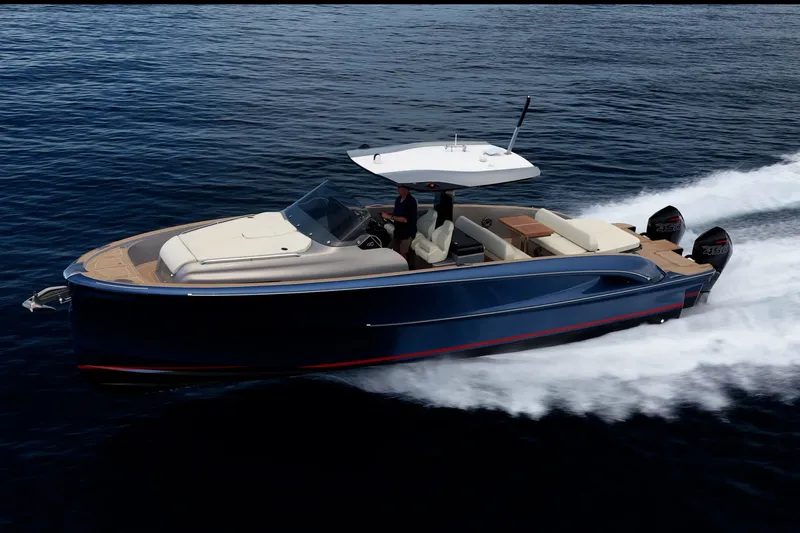 Slide: The Image of 2024 Solaris Power 40F Open yacht cruising on open water, showcasing sleek design and powerful engines. - 53