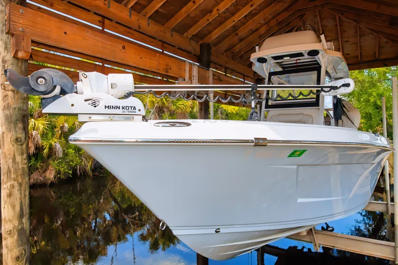 Slide: The Image of 2021 Blue Wave 2800 Makaira boat with Minn Kota Ulterra motor in a wooden dock. - 9