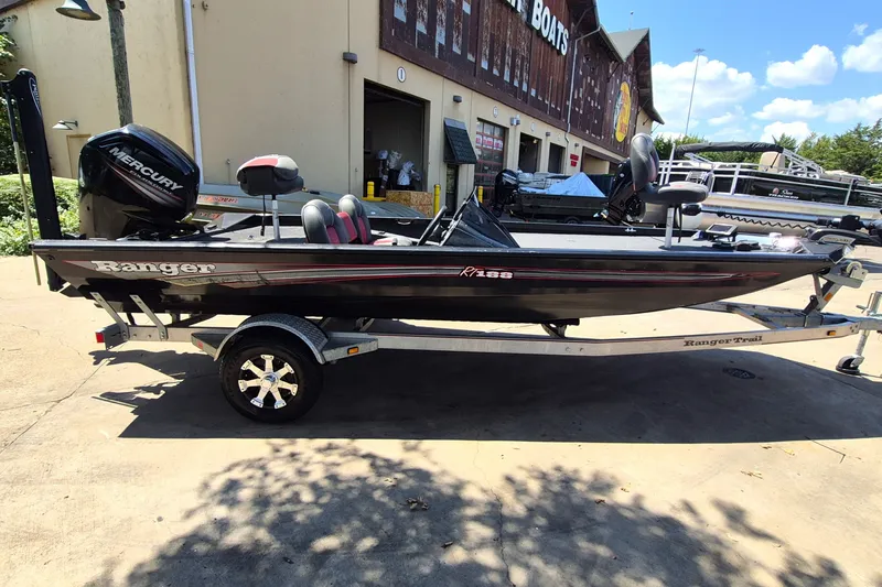Slide: The Image of 2019 Ranger RT188 boat on trailer, parked outside a building under a clear sky. - 5