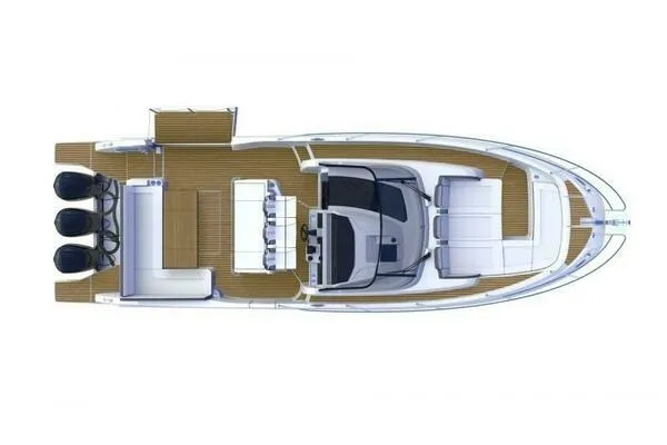 Slide: The Image of Top view of 2021 Jeanneau Leader 12.5 WA boat layout with triple engines. - 12