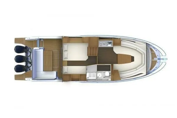Slide: The Image of Top view of 2021 Jeanneau Leader 12.5 WA boat layout with triple engines. - 11