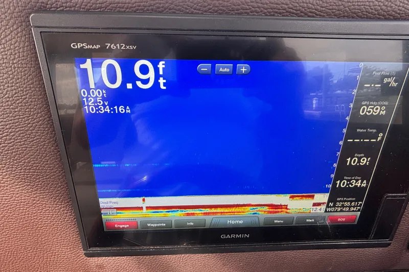 Slide: The Image of Garmin Fish-finder/sonar display on 2016 Cutwater C-28 showing depth of 10.9 feet. - 45