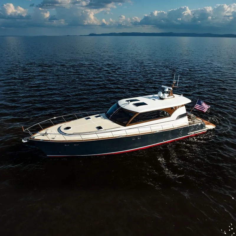 The Image of 2006 Vicem 62 Custom yacht cruising on open water, displaying sleek design and American flag. - 0