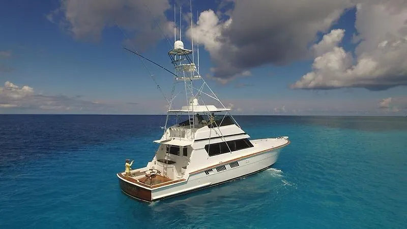 The Image of Hatteras 65 Convertible von 1988 auf offenem Meer mit klarem Himmel und ruhigem Wasser. - 0