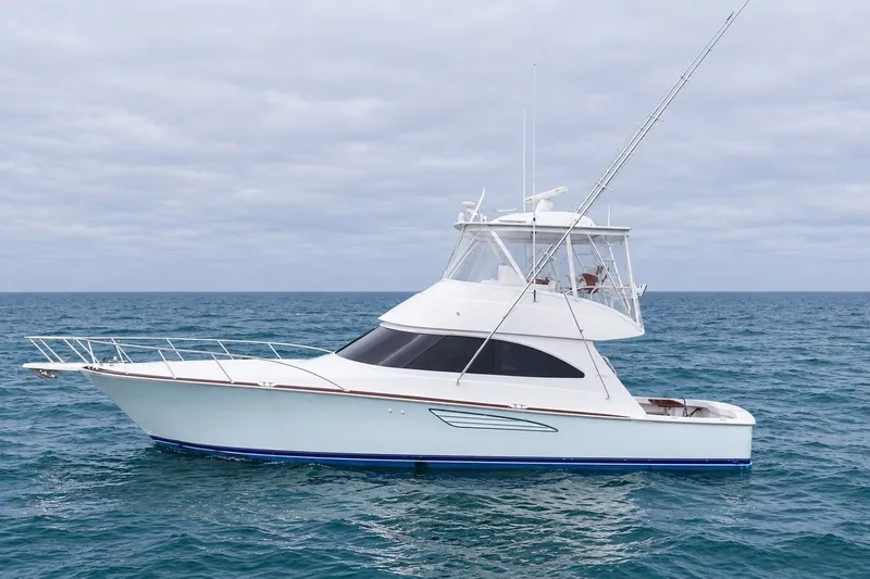 The Image of 2022 Viking 48 Convertible yacht on open sea under cloudy sky. - 0