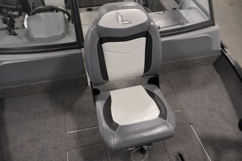 Slide: The Image of Gray and white seat in 2022 Lowe Fishing Machine 1625WT boat interior. - 15
