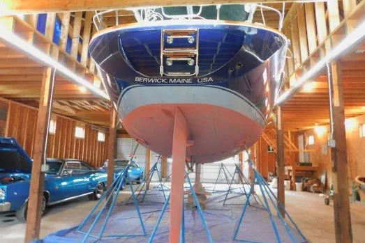 Slide: The Image of 2002 Sabre 402 sailboat in a wooden garage, Berwick, Maine, USA. - 85
