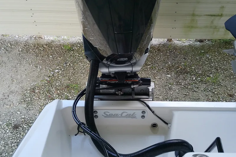 Slide: The Image of 2022 Sea Cat 260 boat engine and transom detail, showcasing modern design. - 51