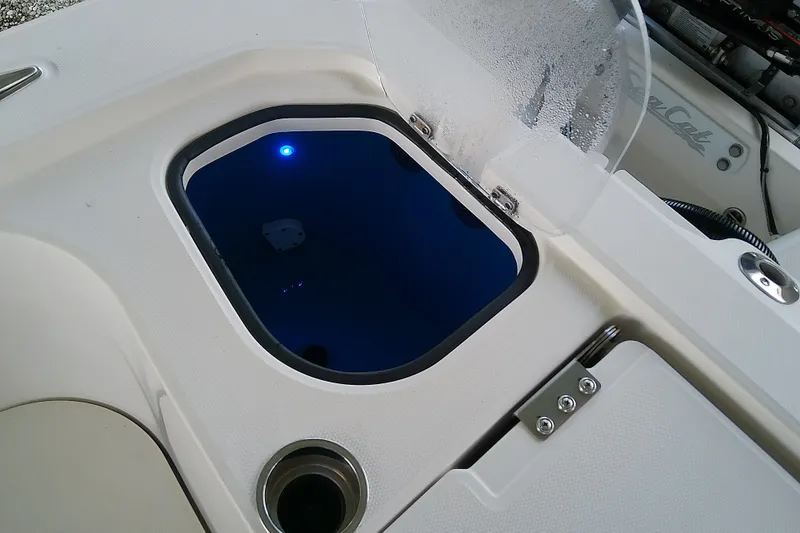Slide: The Image of Livewell compartment on a 2022 Sea Cat 260 boat with blue LED lighting. - 49