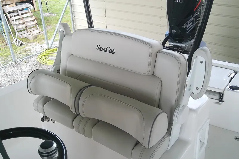 Slide: The Image of The image shows a beige double seat with the "Sea Cat" logo on the backrest. - 43