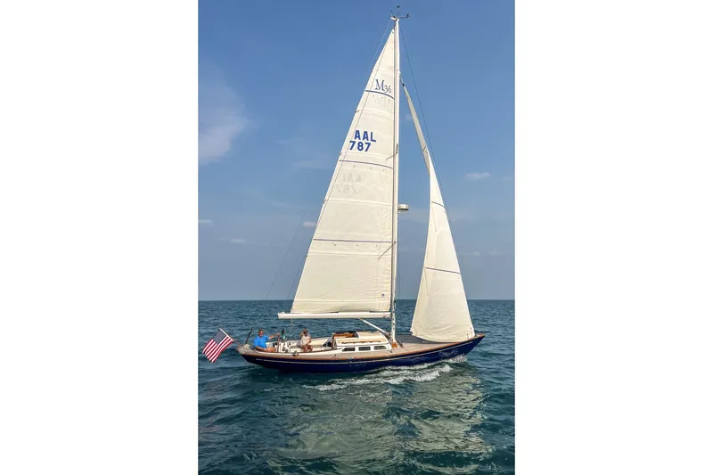 Slide: The Image of Sailing on open water, 2005 Morris M36 yacht with American flag, clear sky. - 30