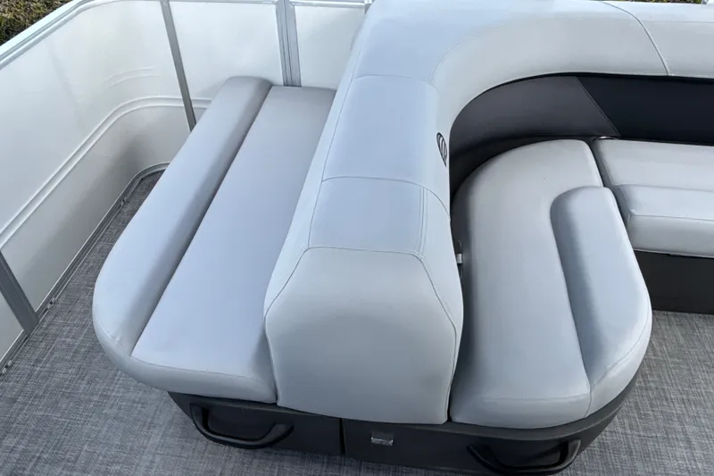 Slide: The Image of 2027 Sun Tracker Party Barge 18 DLX, featuring sleek gray seating and modern design. - 15