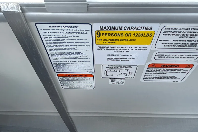 Slide: The Image of Boater's checklist and capacity warnings on 2027 Sun Tracker Party Barge 18 DLX. - 38