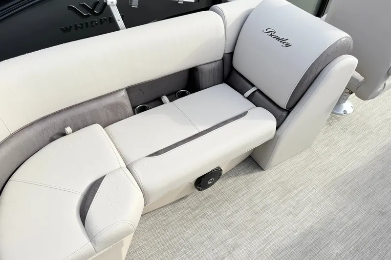 Slide: The Image of Luxurious seating on 2027 Bentley Pontoons Fish 220 FWD CW boat, featuring elegant upholstery. - 14