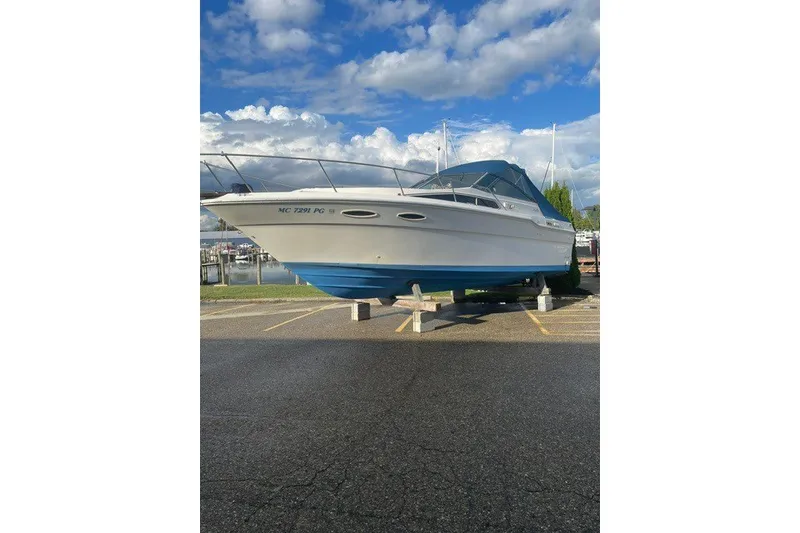 Slide: The Image of 1989 Sea Ray 300 Weekender boat on stands, blue and white hull, cloudy sky background. - 36
