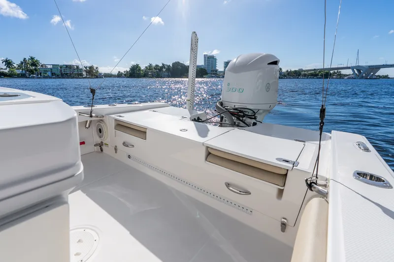 Slide: The Image of 2020 Everglades 253 Center Console boat on sunny waterway with powerful outboard motor. - 42