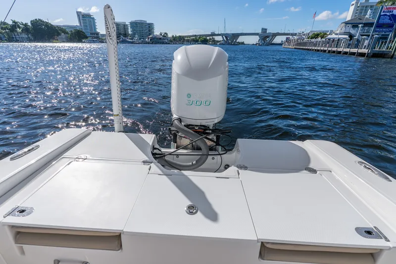 Slide: The Image of 2020 Everglades 253 Center Console boat with powerful outboard motor on a sunny waterfront. - 45