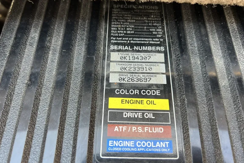 Slide: The Image of Serial numbers and color codes on 1997 Sea Ray 240 Overnighter engine panel. - 101