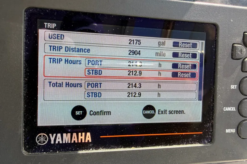 Slide: The Image of Yamaha display showing trip data for Jeanneau Cap Camarat 9.0 WA, 2021 model. - 30