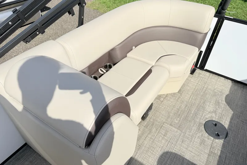 Slide: The Image of Luxurious seating on 2027 Bentley Pontoons Legacy 223 Navigator, featuring beige upholstery. - 14