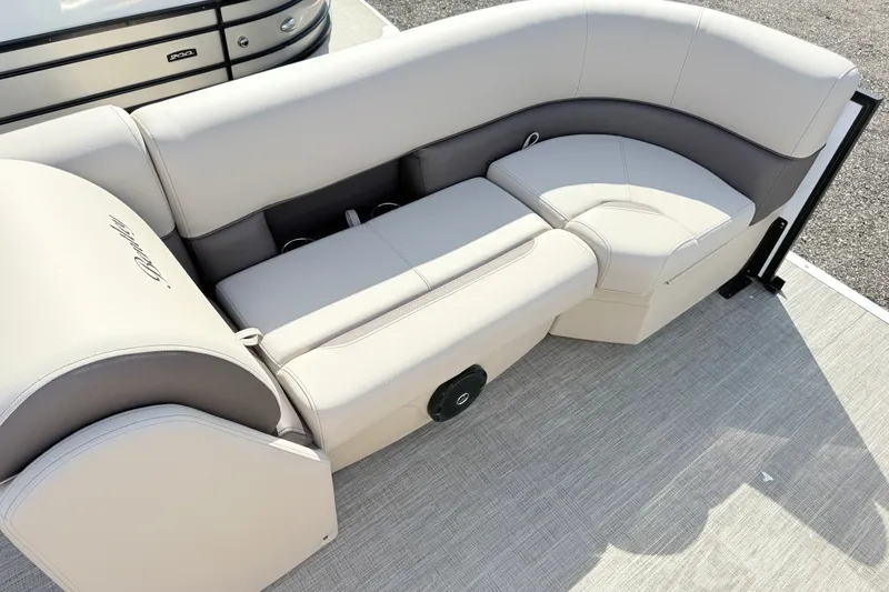 Slide: The Image of 2027 Bentley Pontoons Legacy 223 Navigator interior seating, featuring luxurious beige upholstery. - 7
